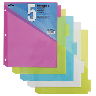INDEX PLASTIQUE 5 POCHETTES - RELIURES & PRESENTATION - IMPORTATIONS GEOCAN INC