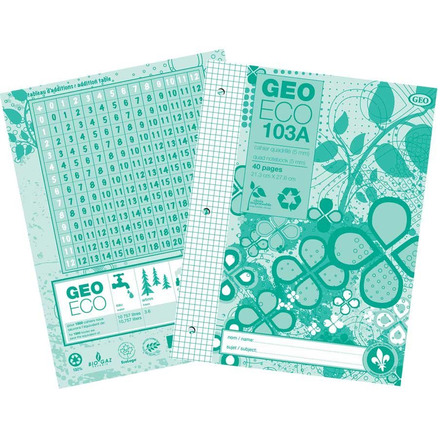 CAHIER QUAD. 100% RECY. 40P BLEU - PAPETERIE - Les importations Geocan inc