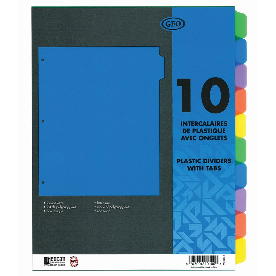 INDEX SÉPARATEUR 10 ONGLETS PLAST - RELIURES & PRESENTATION - IMPORTATIONS GEOCAN INC