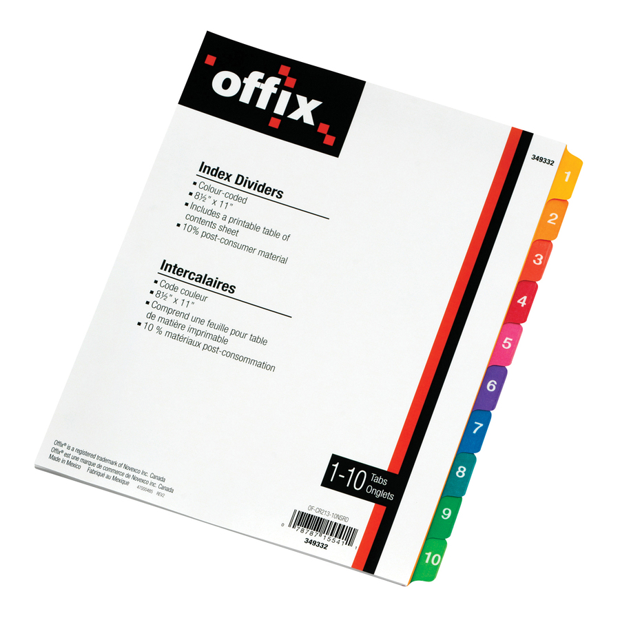 INTERCALAIRE OFFIX 1-10 CARTON COUL. ASS - CLASSEMENT & RANGEMENT - MICROSOFT
